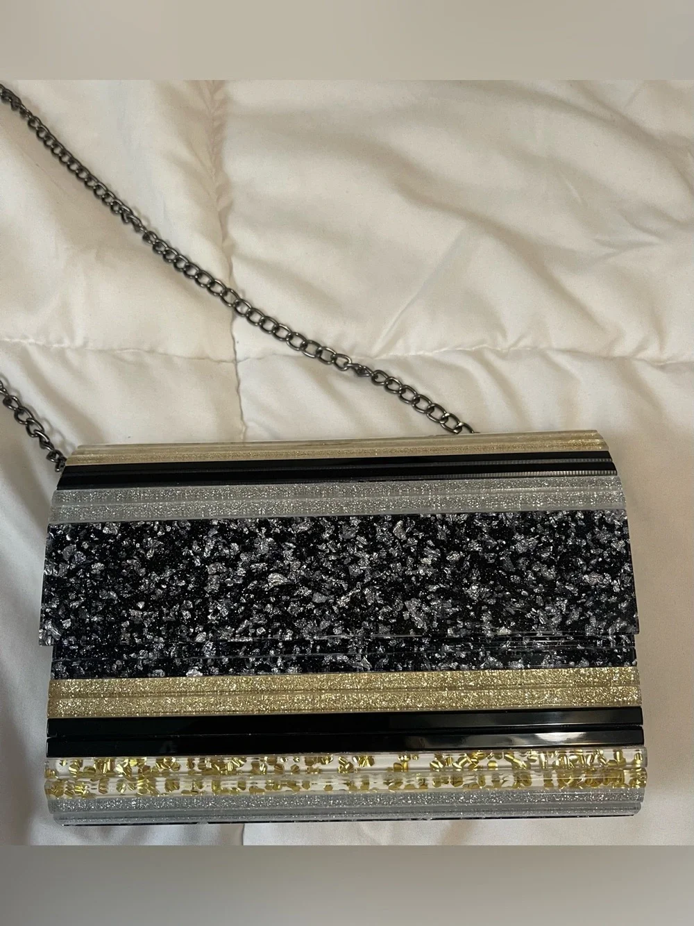 Olga Berg Stacer Acrylic Foldover Clutch Chain Strap Glittery Pearlescent Purse - Picture 4 of 5